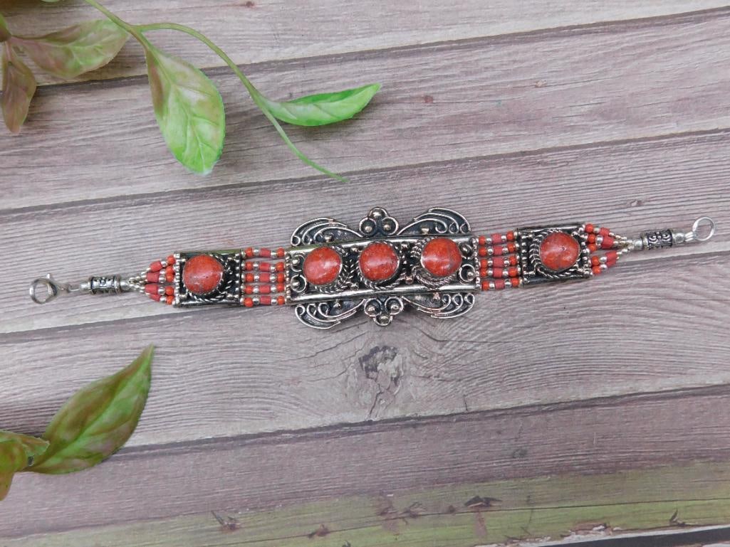 Silver-Tone Red Coral Beaded Bracelet With Ornate Details (1 of 2)