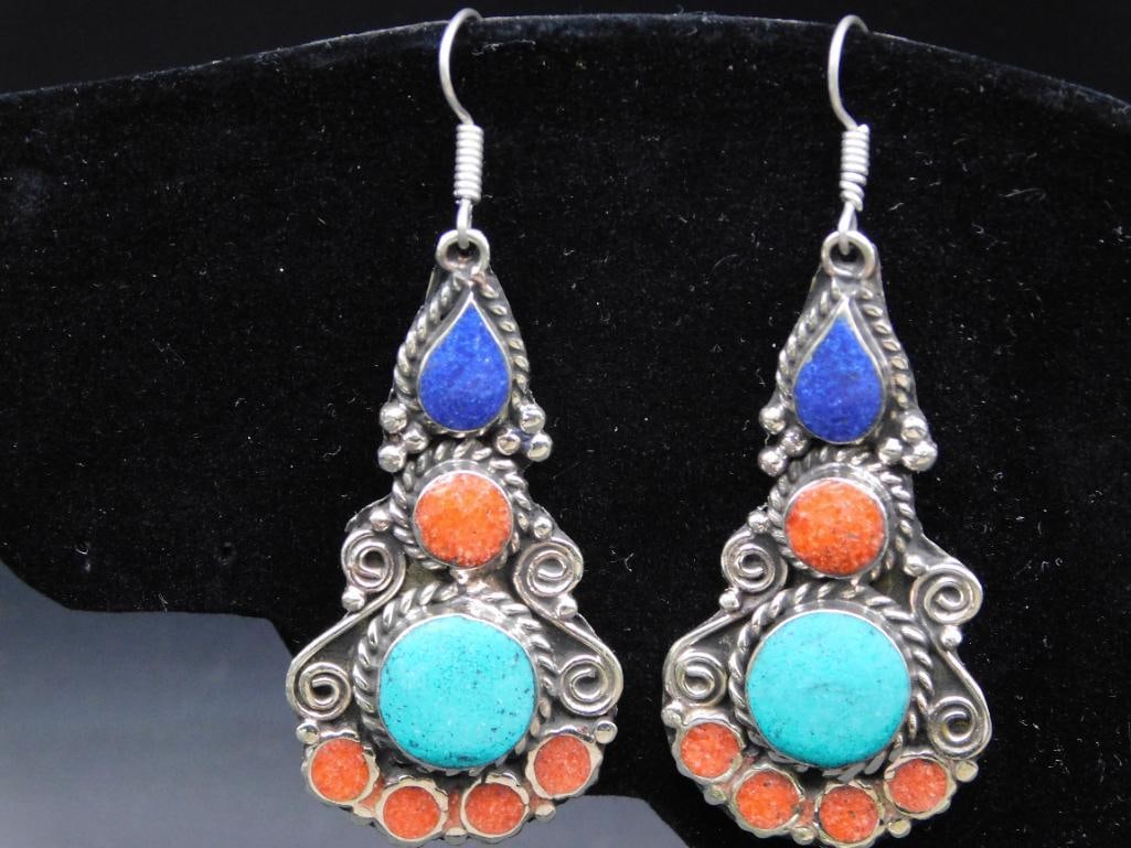 Ornate Dangle Earrings With Lapis Lazuli Red Coral and Turquoise: Ornate Dangle Earrings With Lapis Lazuli Red Coral and Turquoise