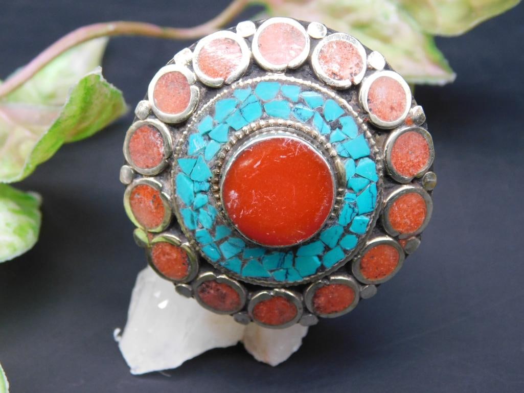 Decorative Ring with Turquoise and Coral Inlays: Decorative Ring with Turquoise and Coral Inlays