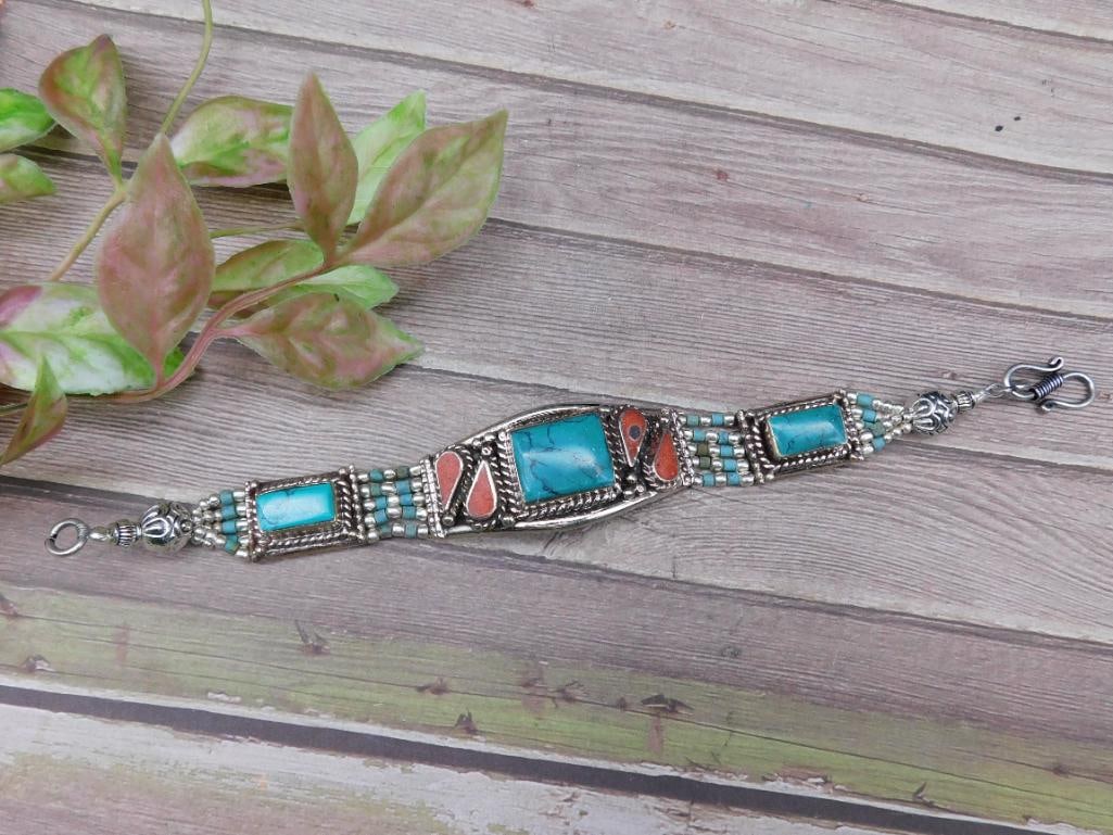 Bracelet with Turquoise and Coral Stones: Bracelet with Turquoise and Coral Stones