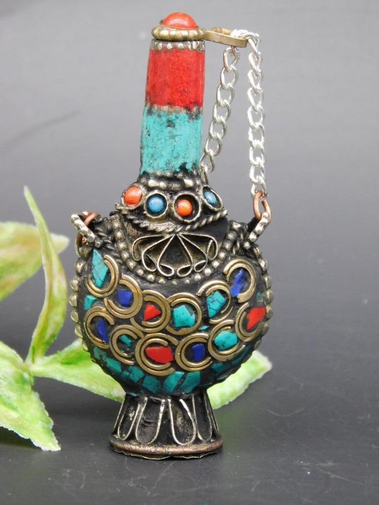 Brass and Stone Snuff Bottle with Chain Accent Multicolored Design: Brass and Stone Snuff Bottle with Chain Accent Multicolored Design