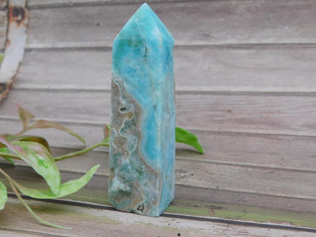 Polished LARIMAR Blue-Green Stone Tower with Patterns: Polished LARIMAR Blue-Green Stone Tower with Patterns