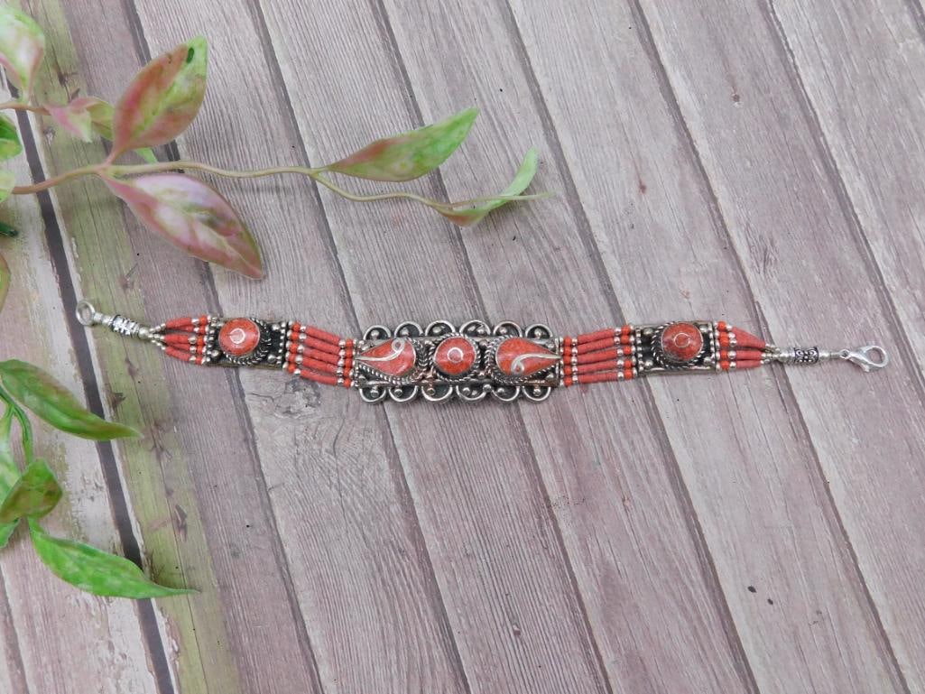 Silver-Tone and Red Coral Stone Beaded Bracelet: Silver-Tone and Red Coral Stone Beaded Bracelet