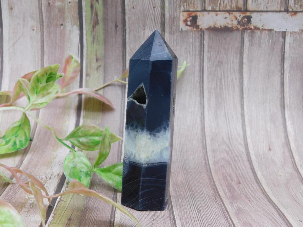 Polished Black Agate Crystal Point with Geode Inclusion (1 of 2)