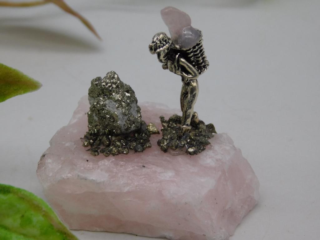 Metal Figurine on Pink Quartz Base With Mineral Accent: Metal Figurine on Pink Quartz Base With Mineral Accent