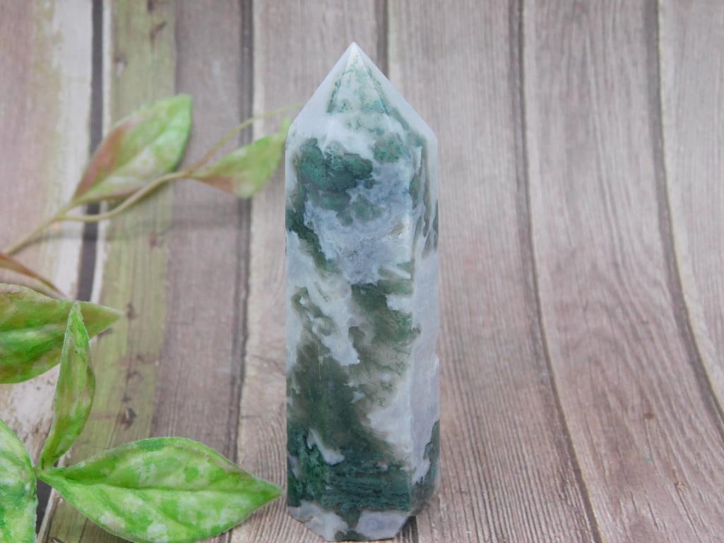 Moss Agate Crystal Tower with Green and White Patterns: Moss Agate Crystal Tower with Green and White Patterns