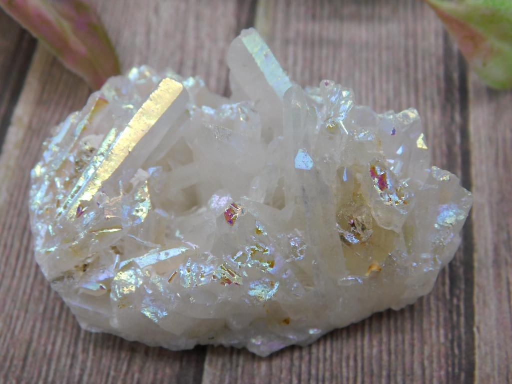 White Quartz Crystal Cluster With Iridescent Coating: White Quartz Crystal Cluster With Iridescent Coating