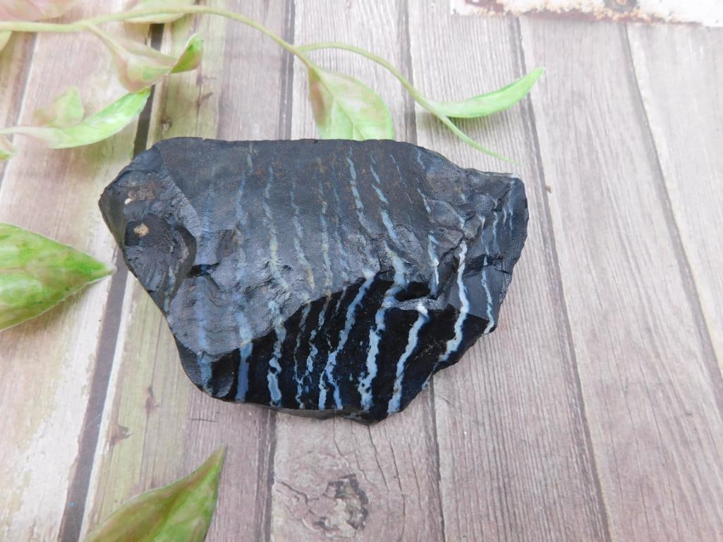 Black Rock Stone Lapidary Specimen With White Striations: Black Rock Stone Lapidary Specimen With White Striations