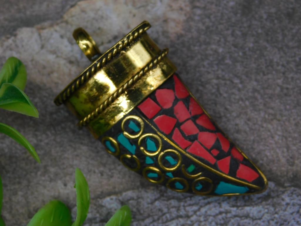 Gold-Tone Mosaic Horn Pendant With Red and Blue Accents: Gold-Tone Mosaic Horn Pendant With Red and Blue Accents