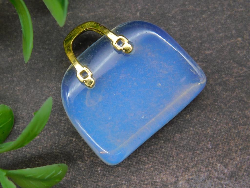 Small Opalite Purse-Shaped Pendant with Gold-Tone Handles: Small Opalite Purse-Shaped Pendant with Gold-Tone Handles