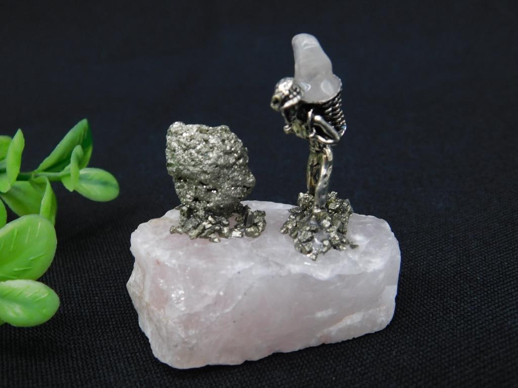 Mineral Sculpture With Metal Figure and Quartz Base WITH PYRITE: Mineral Sculpture With Metal Figure and Quartz Base WITH PYRITE