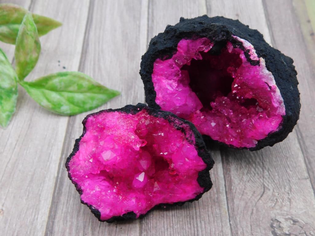 Pink Geode Rock Specimen With Black Exterior: Pink Geode Rock Specimen With Black Exterior