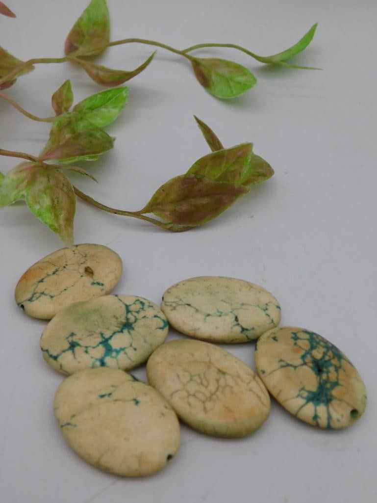 Group of Six Oval Green and White Stone Beads Rock Stone Lapidary Specimen: Group of Six Oval Green and White Stone Beads Rock Stone Lapidary Specimen