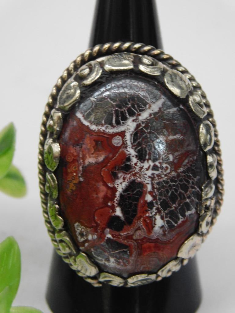 Adjustable Silver-Tone Ring With Red Stone Centerpiece Rock Stone Lapidary Specimen: Adjustable Silver-Tone Ring With Red Stone Centerpiece Rock Stone Lapidary Specimen