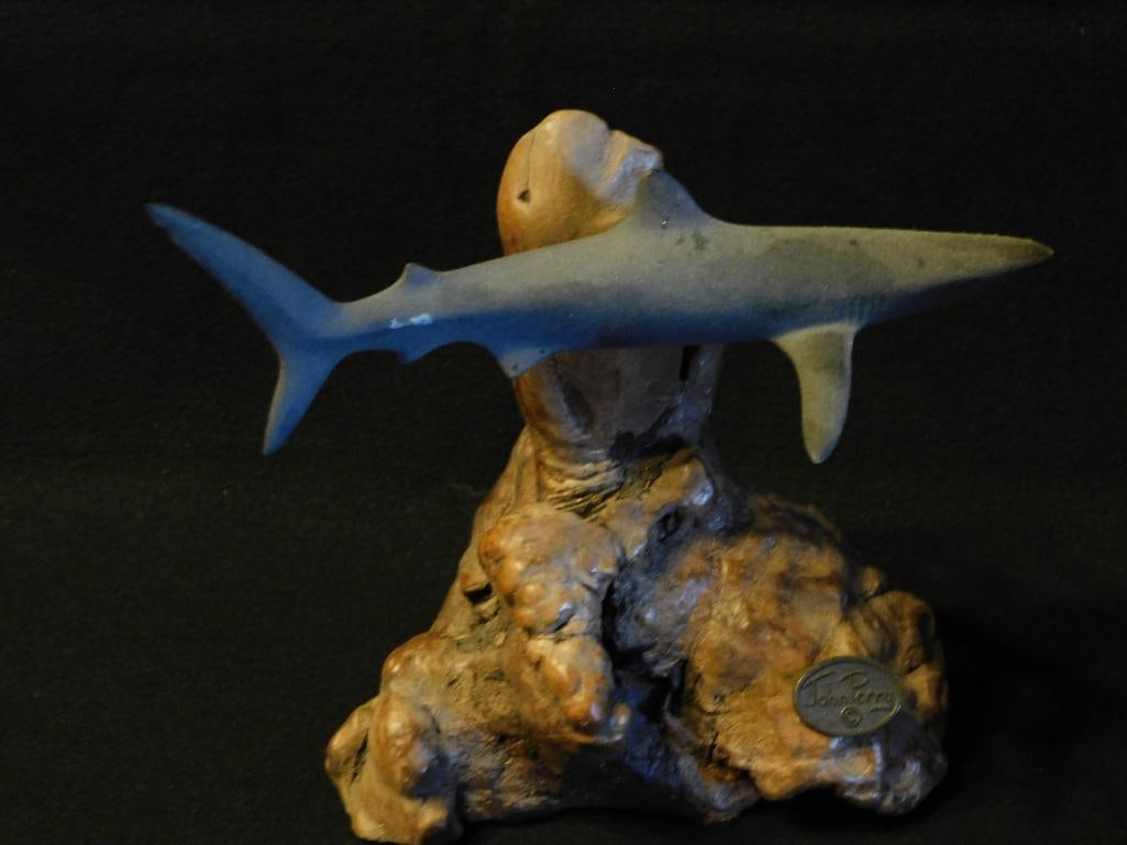 John Perry Shark Sculpture on Driftwood Base Fish Tank Aquarium Decoration (1 of 3)