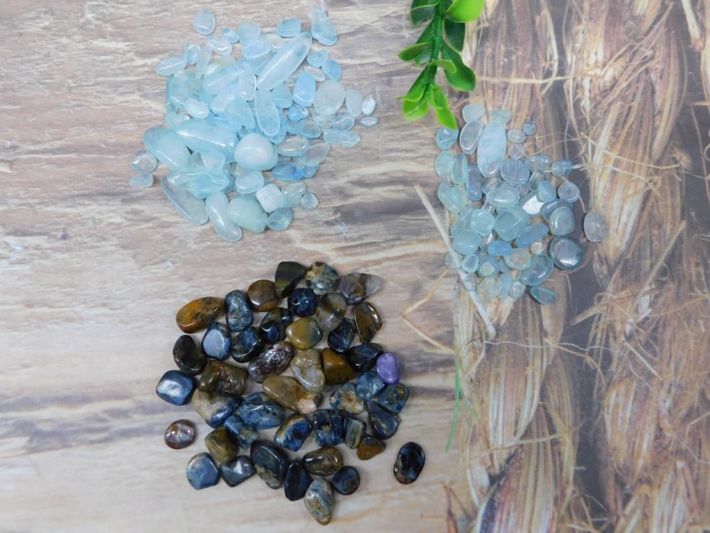 AQUAMARINE PIETERSITE AND BLUE TOPAZ ROCK STONE LAPIDARY SPECIMEN NATURAL GEMSTONE COLLECTOR: This lot brings together natural aquamarine, pietersite, and blue topaz, a nice variety for the gemstone collector or jewelry maker. See photos for exact size, count, and condition. WELCOME TO HATMAN 