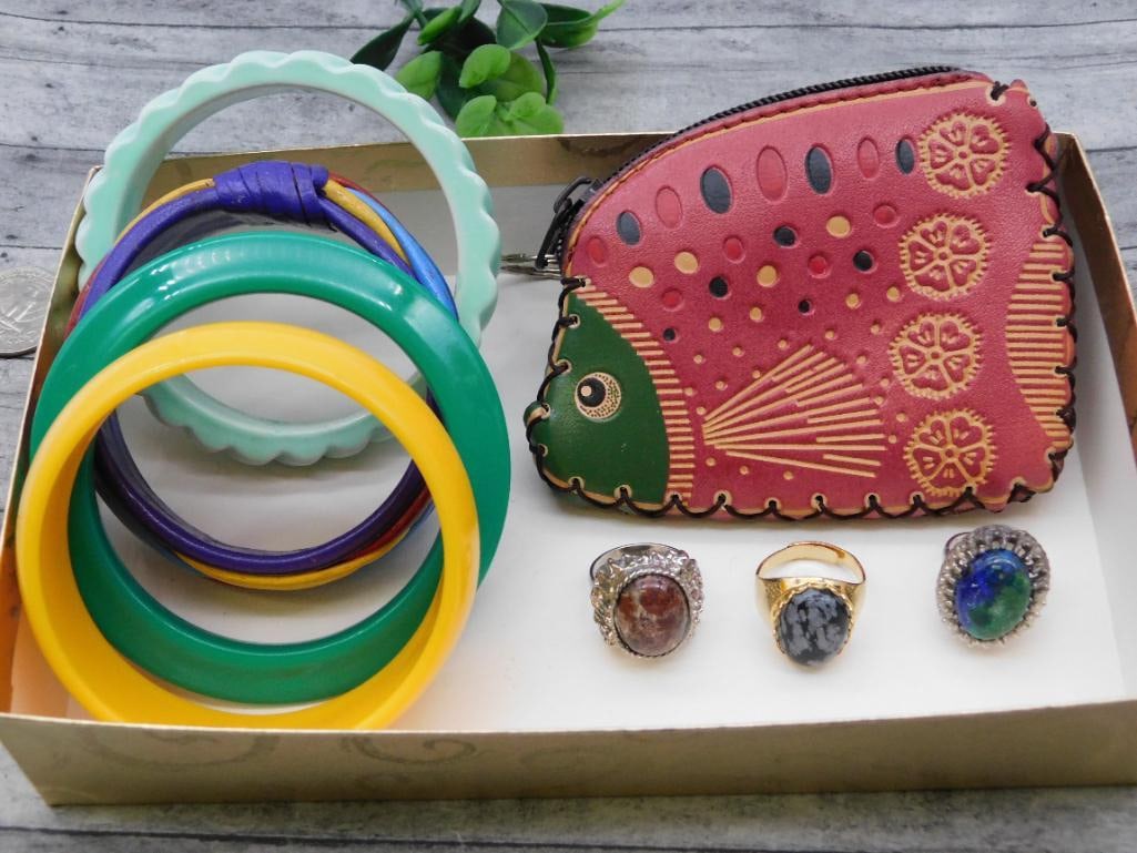 Costume Jewelry Lot with Bangles, Rings, and Coin Purse (1 of 2)