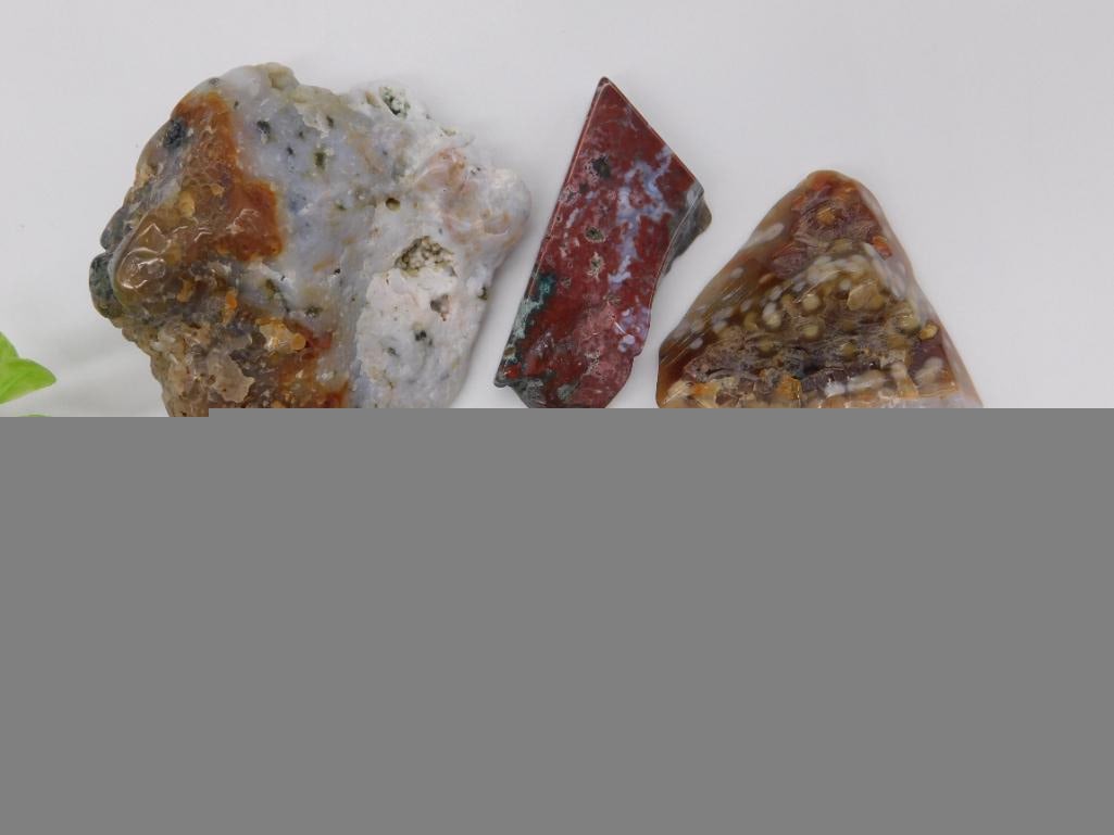 Assorted Jasper and Agate Rock Specimen Lot, 134 Grams: Five raw and polished stone specimens including jasper, agate, and quartz varieties in a range of earth tones, together weighing 134 grams per the lot tag. A nice starter lot for a rock and mineral co