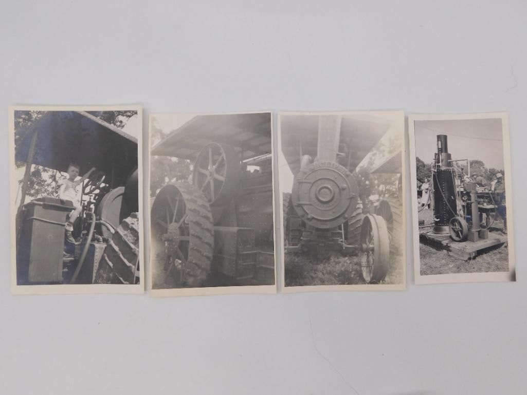 Antique Steam Tractor Photograph Collection, Set of 4 Vintage Prints: Four vintage black and white photographs showing a steam-powered farm traction engine, with close-up views of its large spoked wheels and a young child seated on the machinery. Each print measures