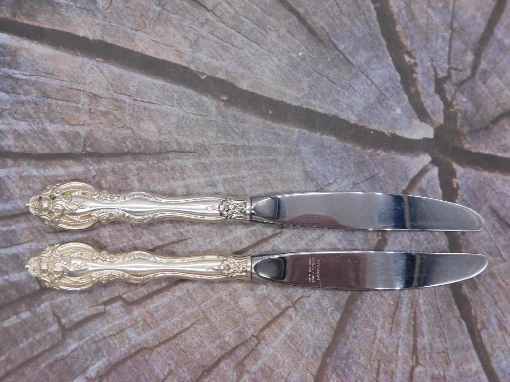 Sterling Silver Dinner Knives — Pair of Gorham Handle Knives, 9 Inches: Two dinner knives with sterling silver Gorham handles and stainless steel blades, matching the pattern used throughout this collection. Each knife measures approximately 9 inches long. Good overall co