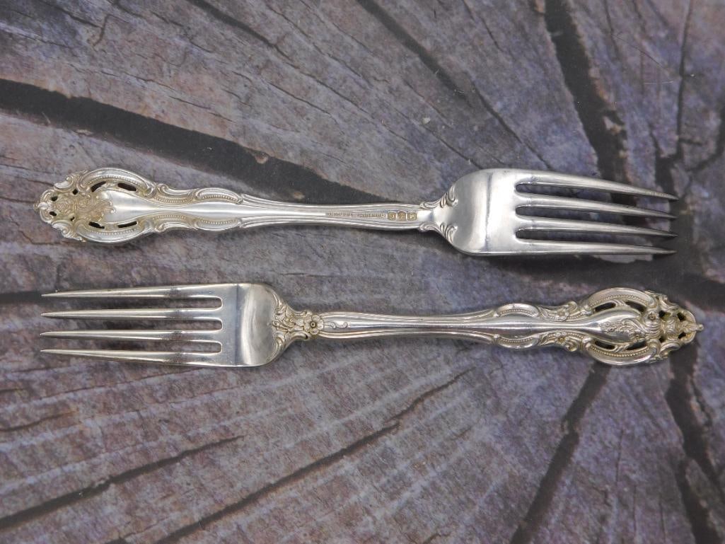 Sterling Silver Dinner Forks — Pair of Gorham Pattern Forks, 7.5 Inches: Two sterling silver dinner forks marked Gorham Sterling, matching the ornate pattern used throughout this collection. Each fork measures approximately 7.5 inches long.