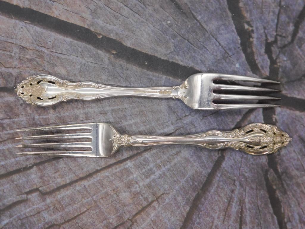 Sterling Silver Dinner Forks — Pair of Gorham Pattern Forks, 7.5 Inches: Two sterling silver dinner forks marked Gorham Sterling, matching the pattern used throughout this collection. Each fork measures approximately 7.5 inches long.