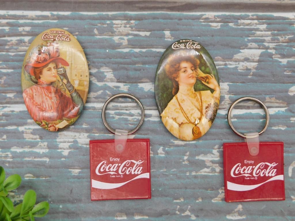 COCA-COLA ADVERTISING POCKET MIRRORS AND KEY CHAINS: COCA-COLA ADVERTISING POCKET MIRRORS AND KEY CHAINS - Part of our Discover Golden Attic, Crystals and Gems auction at HATMAN'S Auctions! Please see photos for measurements and condition. YES, we have