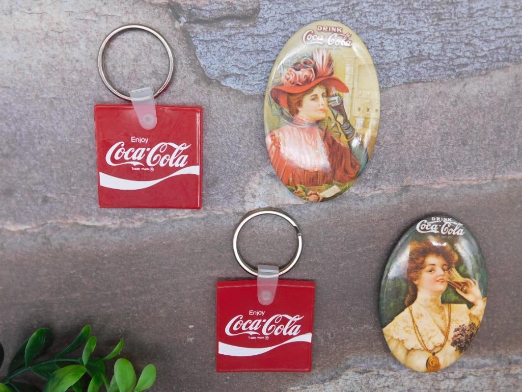 COCA-COLA ADVERTISING POCKET MIRRORS AND KEY CHAINS: COCA-COLA ADVERTISING POCKET MIRRORS AND KEY CHAINS - Part of our Discover Golden Attic, Crystals and Gems auction at HATMAN'S Auctions! Please see photos for measurements and condition. YES, we have