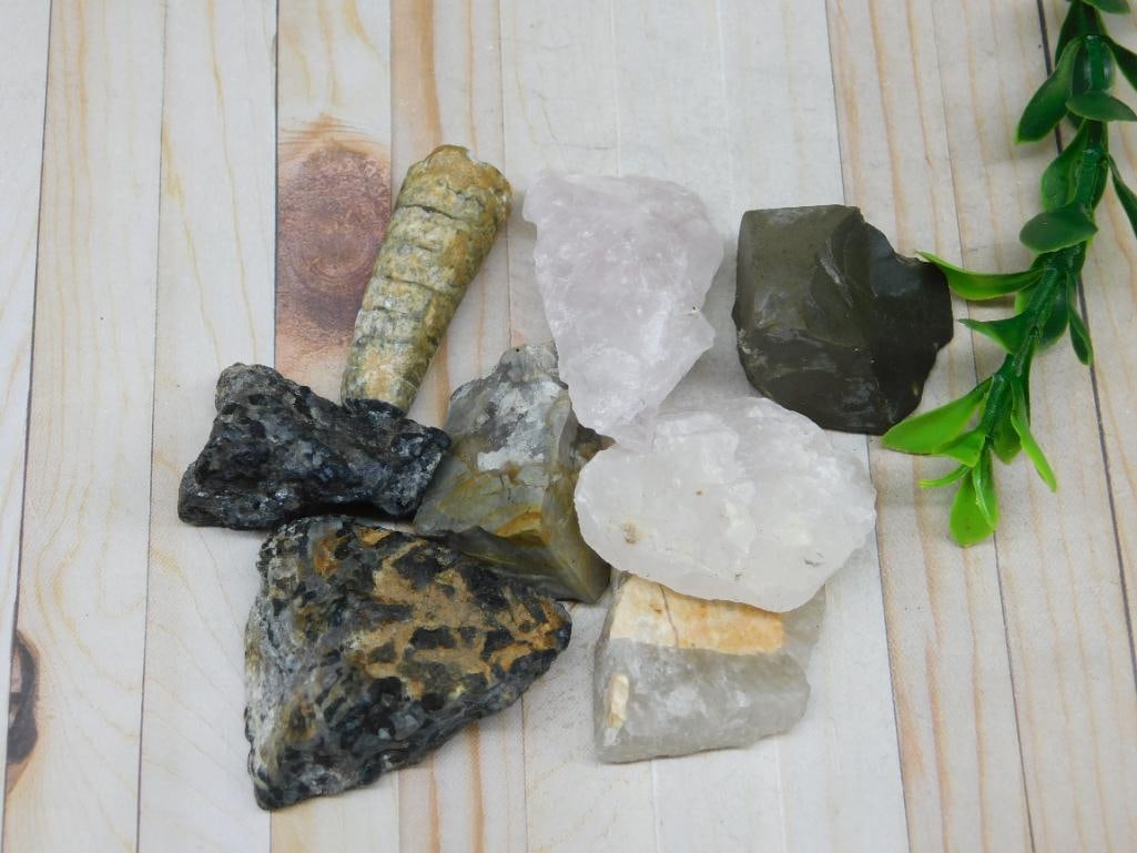 UNPOLISHED MIXED ROUGH ROCK STONE LAPIDARY SPECIMEN LOT FOR LAPIDARY PROJECTS: This unpolished mixed rough rock lot gives lapidary hobbyists plenty of raw material to work with. See photos for exact pieces, sizes, and detail.