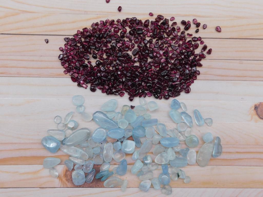 AQUAMARINE AND GARNET ROCK STONE LAPIDARY SPECIMEN NATURAL GEMSTONE COLLECTOR: This lot pairs natural aquamarine and garnet, a nice combination for the gemstone collector or jewelry maker. See photos for exact size and condition. WELCOME TO HATMAN AUCTIONS! SPECIAL NOTICE: Pleas