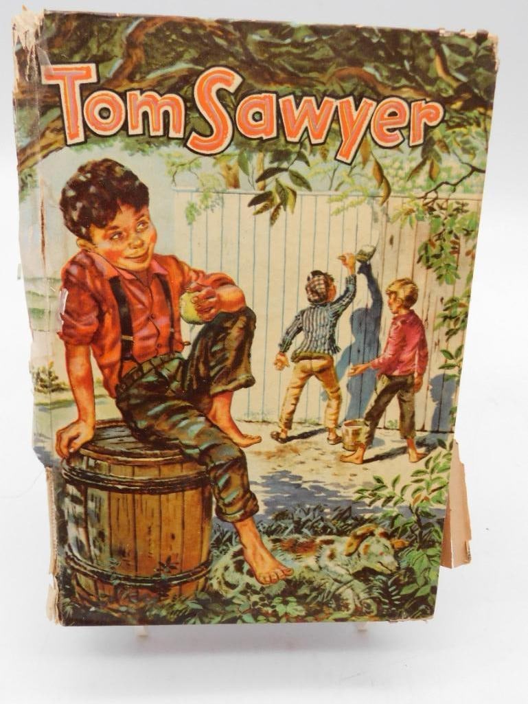 Vintage Tom Sawyer Illustrated Hardcover, Whitman 1955: A well-loved hardcover copy of Tom Sawyer, published by Whitman Publishing Company of Racine, Wisconsin, copyright 1955. The colorful cover art shows expected wear along the spine and edges from age