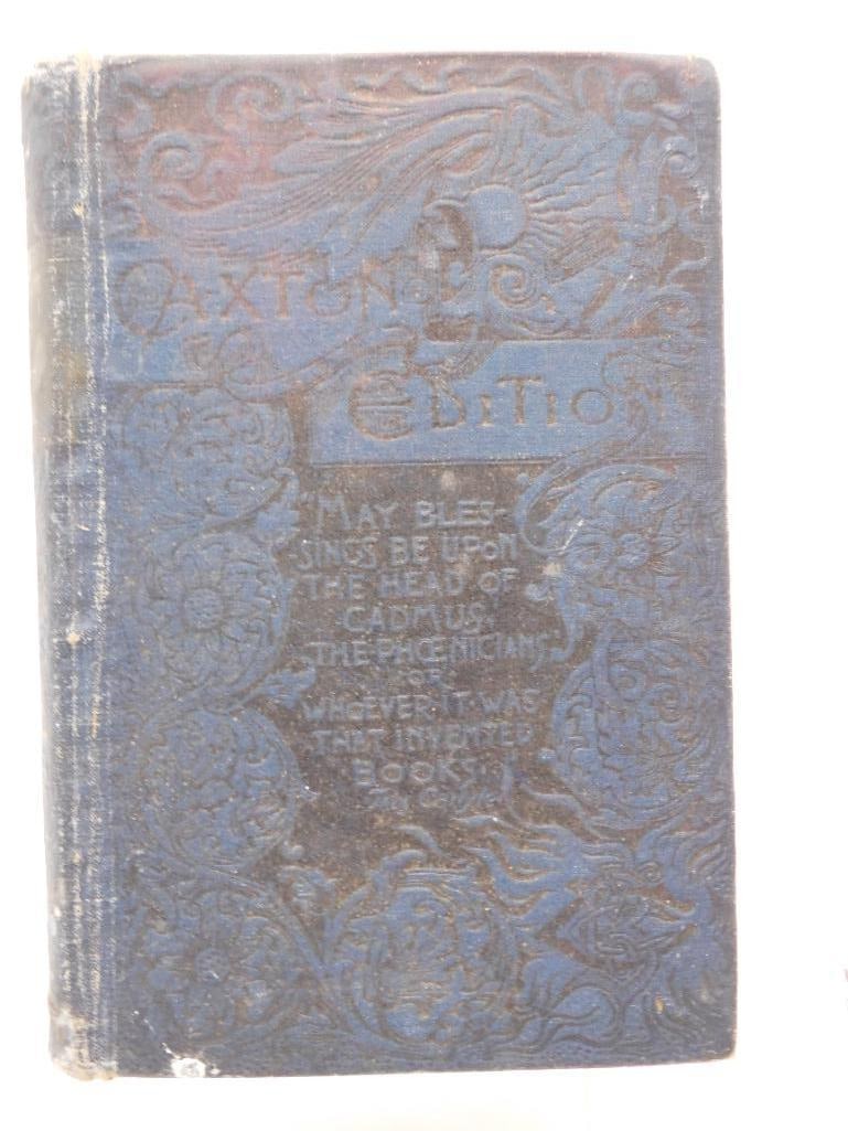 Antique 1889 Endymion Hardcover by Benjamin Disraeli, Caxton Edition: A blue cloth-bound Caxton Edition hardcover of Endymion, a novel by the Right Hon. Benjamin Disraeli, published by Belford, Clarke & Co. in 1889. The embossed cover shows detailed floral and scroll