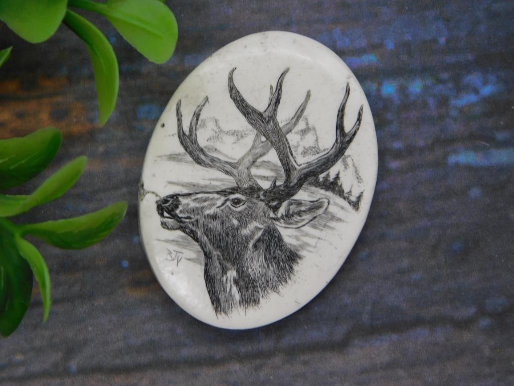 Elk Head Scrimshaw-Style Pendant - Carved Bone Jewelry