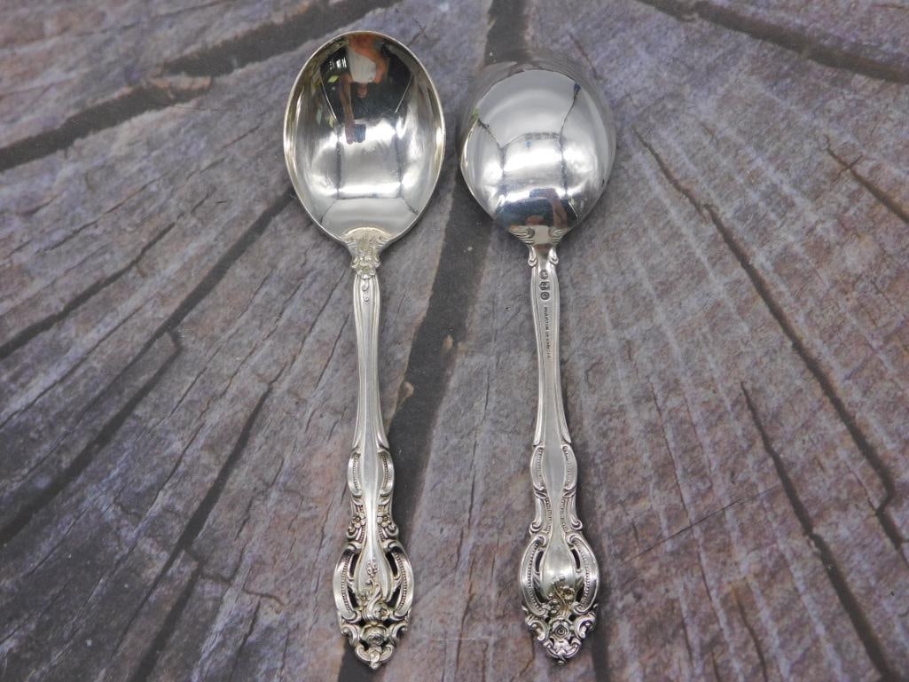 Sterling Silver — Pair of Gorham Sterling Tablespoons, Approx. 6 Inches: This lot features two matching sterling silver tablespoons, each stamped "Gorham Sterling" with hallmarks on the reverse of the handle. Both spoons measure approximately 6 inches in length and share a