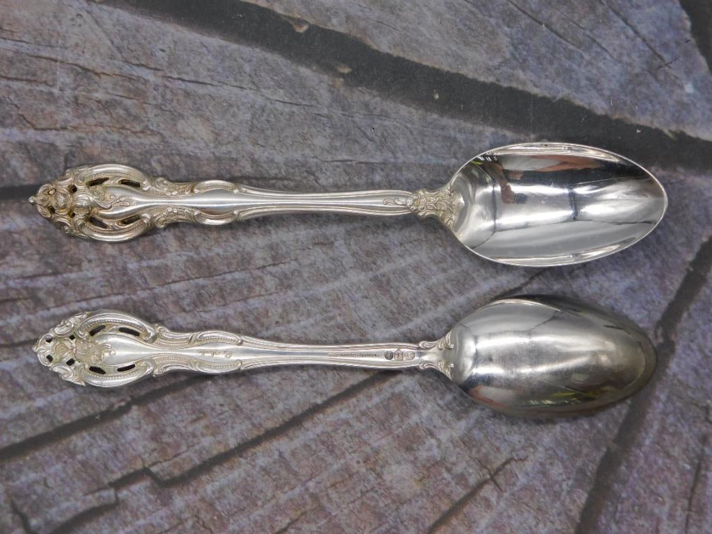 Sterling Silver — Pair of Gorham Sterling Tablespoons, Approx. 6 Inches: Included in this lot are two matching sterling silver tablespoons, hallmarked "Gorham Sterling" on the back of the handle. Each spoon measures about 6 inches long with a smooth oval bowl and an ornate