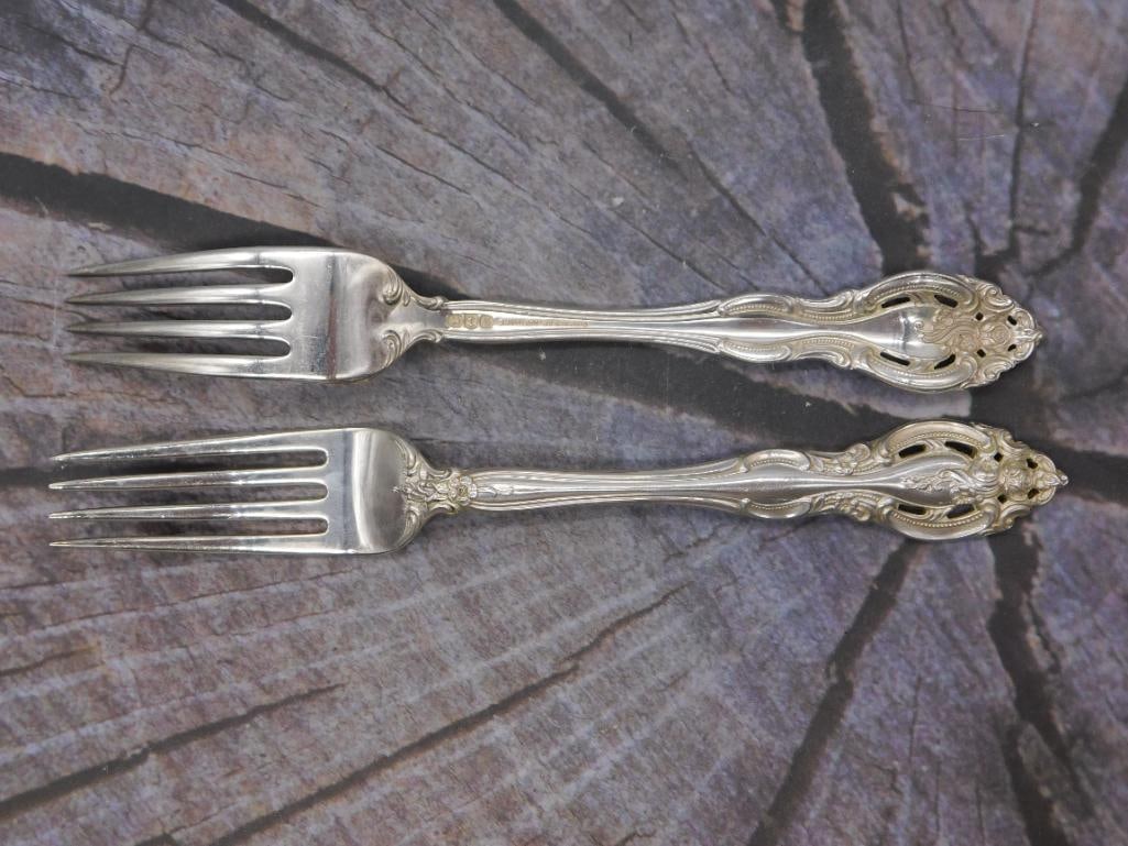 Sterling Silver Dinner Forks — Pair of Gorham Pattern Forks, 7.5 Inches: Two sterling silver dinner forks marked Gorham Sterling in the same pierced, scrolled pattern as the rest of this set. Each fork measures approximately 7.5 inches long. Good overall condition with lig