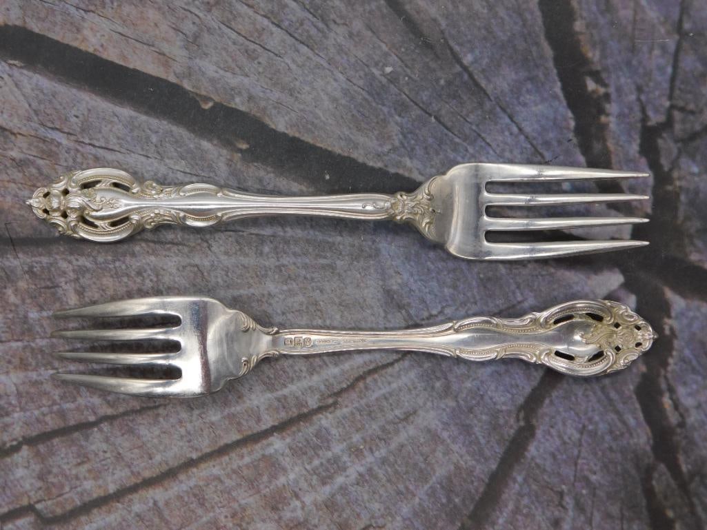 Sterling Silver Dinner Forks — Pair of Gorham Pattern Forks, 7.5 Inches: Two sterling silver dinner forks marked Gorham Sterling, rounding out this run of matching Gorham pattern flatware. Each fork measures approximately 7.5 inches long.