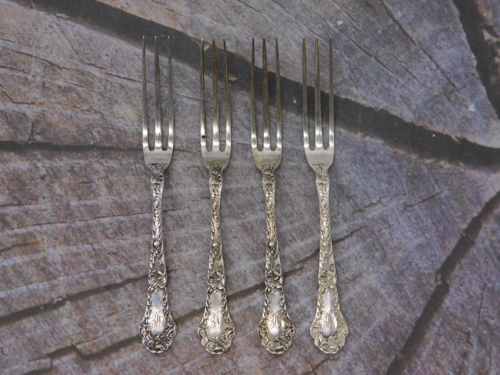 Sterling Silver Dessert Forks — Set of 4 Floral Repousse Forks, Monogrammed: A set of four sterling silver dessert or cocktail forks with a floral repousse handle pattern and an engraved script monogram "W." Each fork measures approximately 4.75 inches long. No maker's name