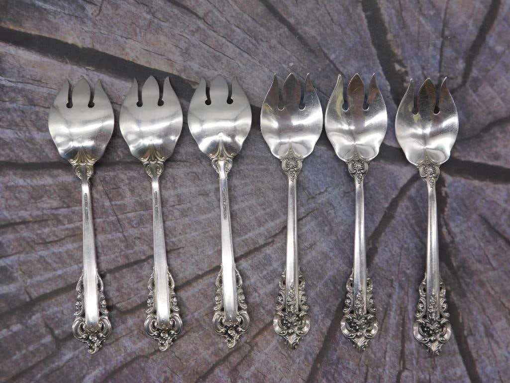 Sterling Silver Ice Cream Forks — GRANDE BAROQUE 6, Wallace Sterling, 5.5 Inches: A set of six sterling silver ice cream or berry forks with three-tine, leaf-shaped bowls, each stamped "Wallace Sterling." Every fork measures approximately 5.5 inches long — a nicely matched set