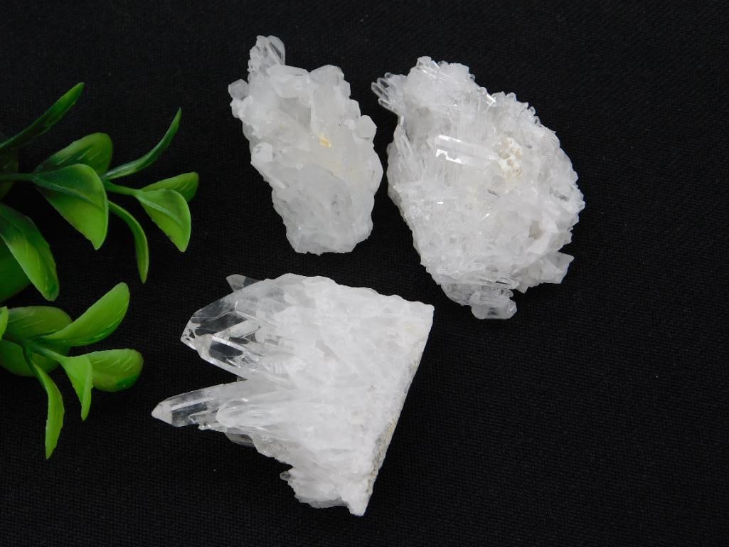 Three White Quartz Crystal Clusters Rock Stone Lapidary Specimen: Three White Quartz Crystal Clusters Rock Stone Lapidary Specimen
