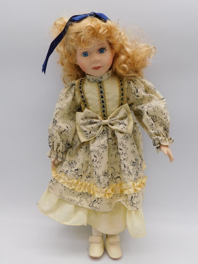 VINTAGE PORCELAIN DOLL CREAM AND BLUE DRESS WITH RED HAIR (1 of 4)