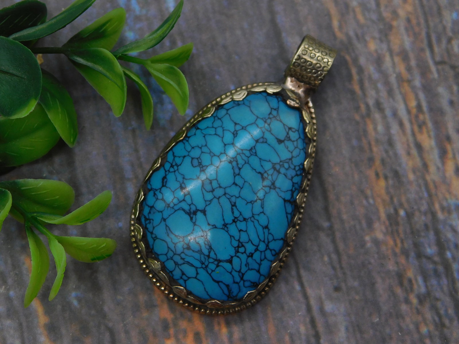 Pendant — Turquoise Matrix Teardrop Pendant Antique Gold-Tone Bezel Setting: Pendant — Turquoise Matrix Teardrop Pendant Antique Gold-Tone Bezel Setting