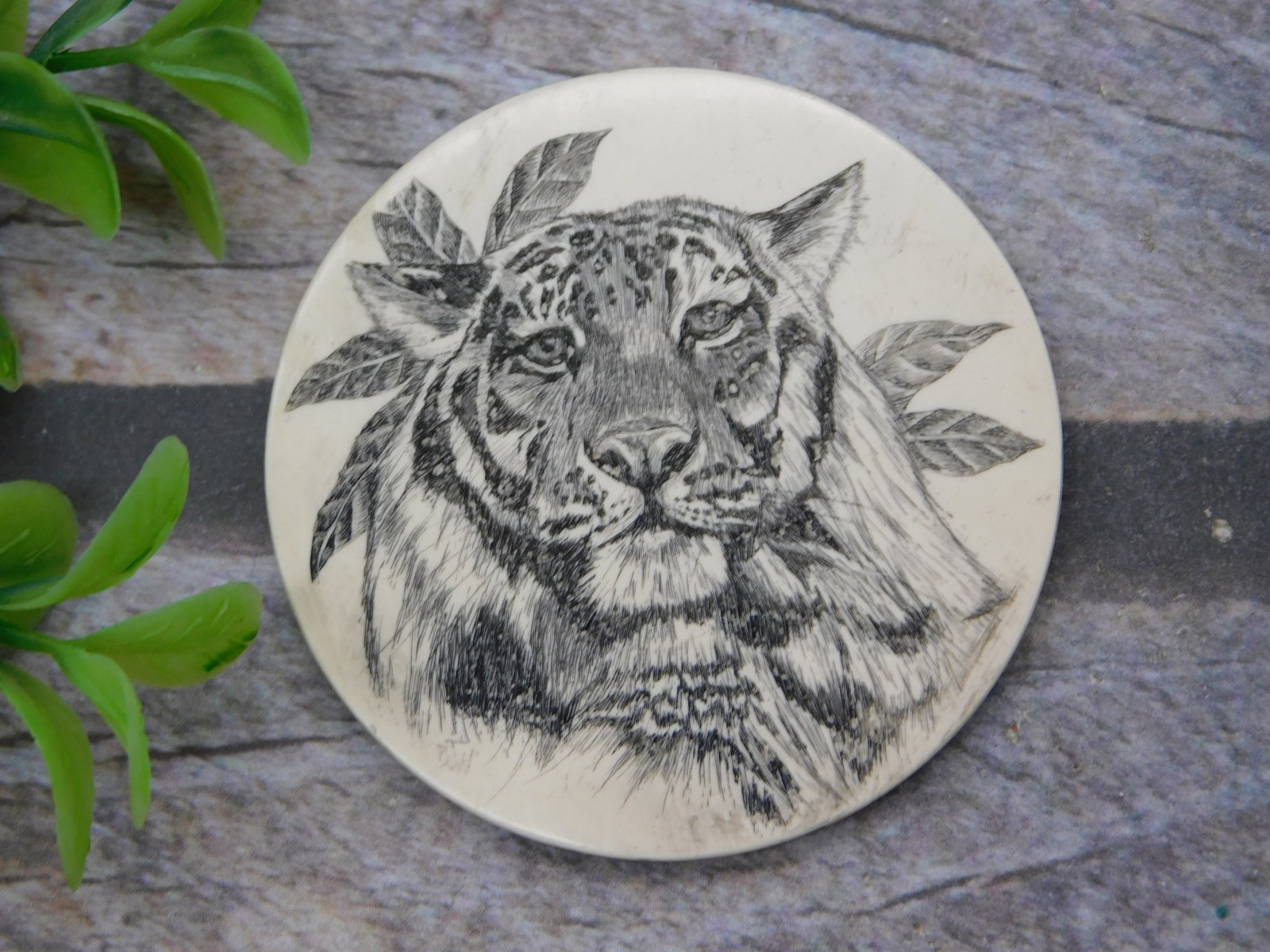 Scrimshaw — Round Ivory-Tone Disc Scrimshaw Leopard Portrait with Foliage Fine Etched Art: Scrimshaw — Round Ivory-Tone Disc Scrimshaw Leopard Portrait with Foliage Fine Etched Art