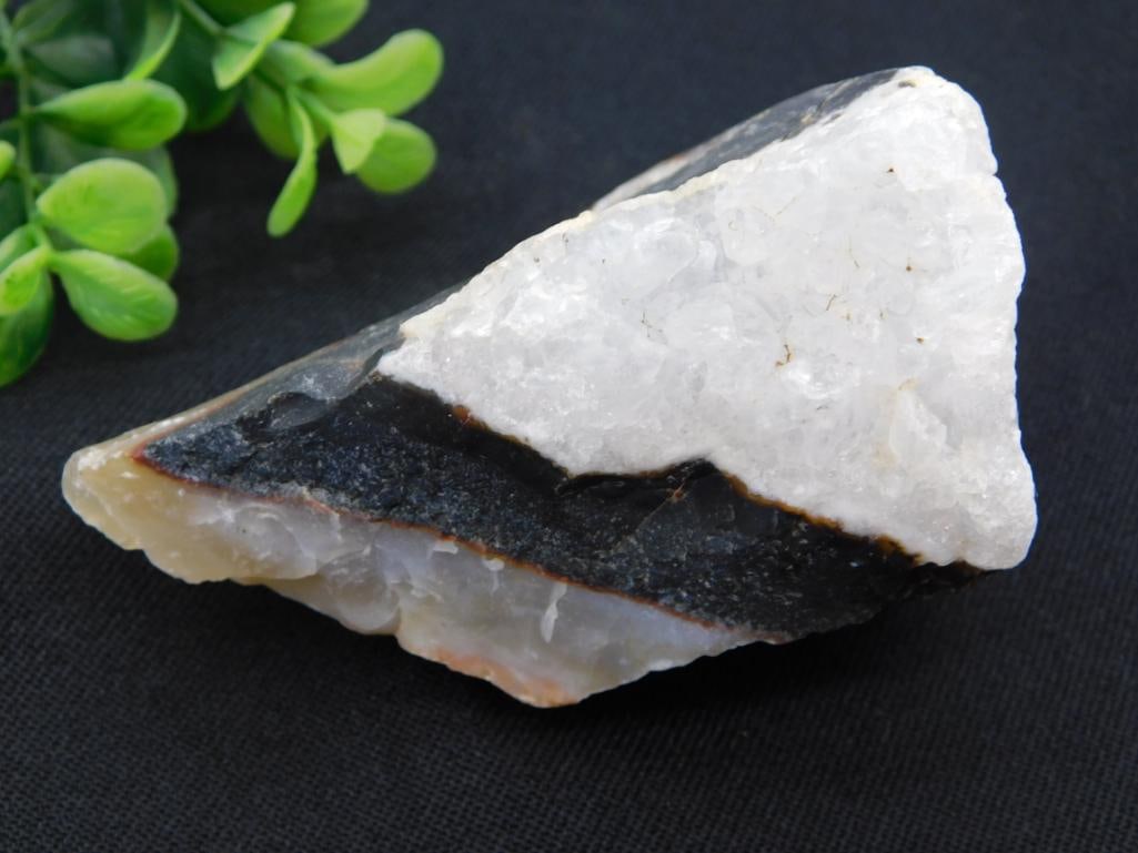 Natural Agate Geode with White Quartz Crystal Interior: A sizable geode specimen split open to reveal a dramatic white quartz crystal-lined cavity bordered by dark banded agate. Auction tag lists weight at 240 grams. Measures approximately 5 inches, shown 