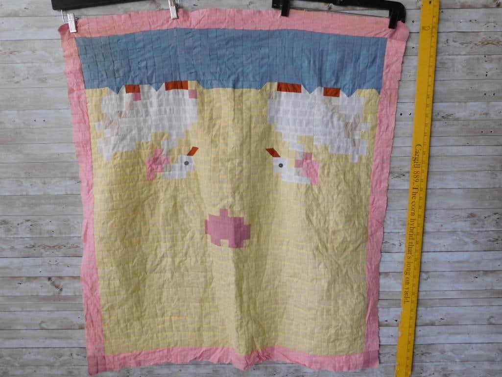 Handmade Patchwork Quilt/Wall Hanging, Bunny Face Pattern, Pink & Yellow - 3