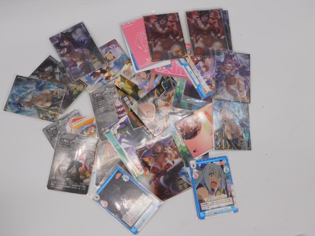 Anime Character Trading Card Collection Lot: Large loose lot of Chinese/anime-style collectible trading cards including SSR rarity character cards, stat/info cards, and holographic foil designs. Mixed franchises and card conditions; sold as a