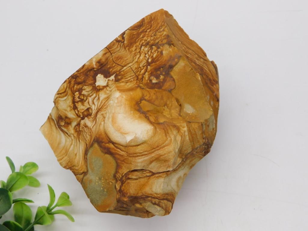 Large Banded Jasper Rock Specimen, 1 lb 10 oz: Natural polished jasper specimen with rich swirling brown, tan, and cream banding in an agate-like pattern. Weighs 1 pound 10 ounces and measures approximately 6 inches wide.