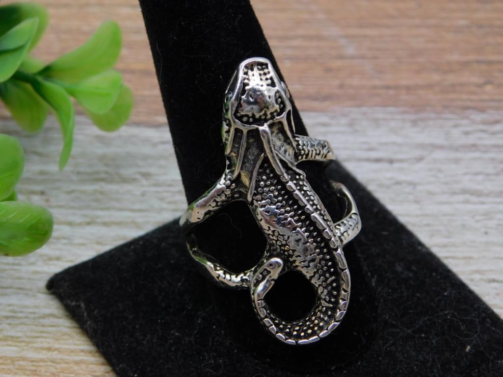 Sterling Silver Coiled Snake Serpent Ring: Bold sterling silver ring designed as a coiled snake with detailed scale texturing and raised head, oxidized finish for contrast. Substantial statement-size ring, shown beside a quarter for scale.