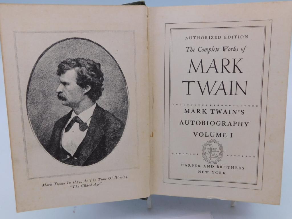 Antique 1924 Mark Twain Autobiography Vol. I Hardcover Book: Mark Twain's Autobiography, Volume I, Authorized Edition published by Harper and Brothers, New York, copyright 1924. Green cloth binding with gilt emblem, includes a frontispiece portrait of Mark