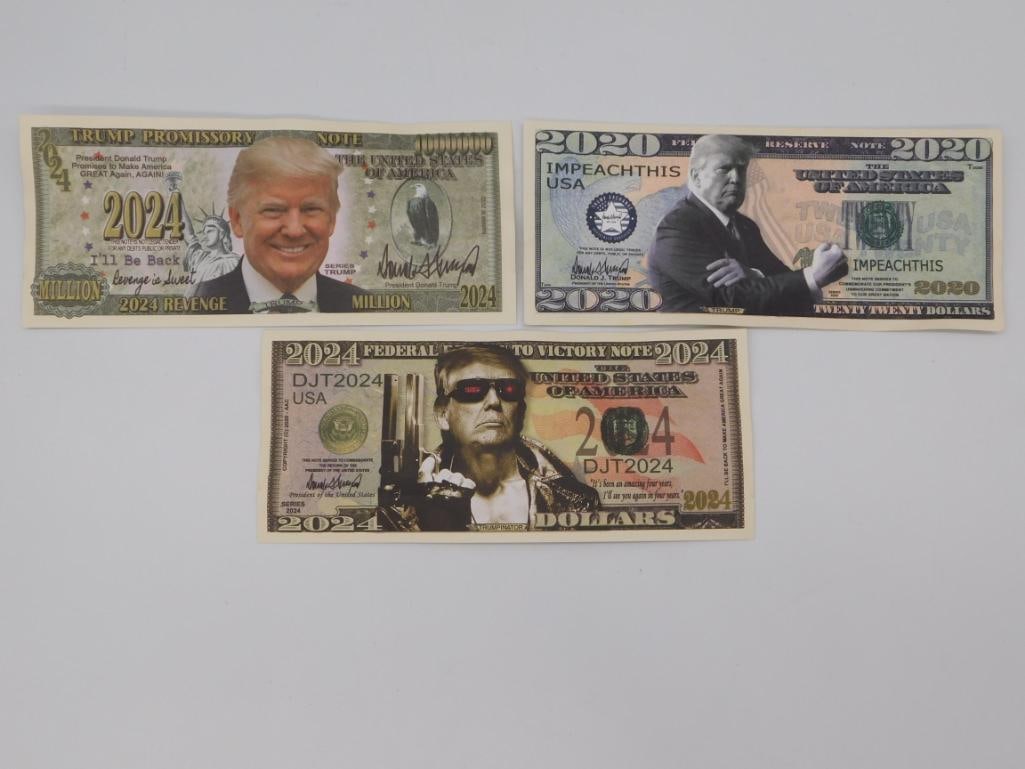 Novelty Political Currency Ephemera Set: A set of three novelty/collectible political-themed fantasy currency notes, shown front and back.